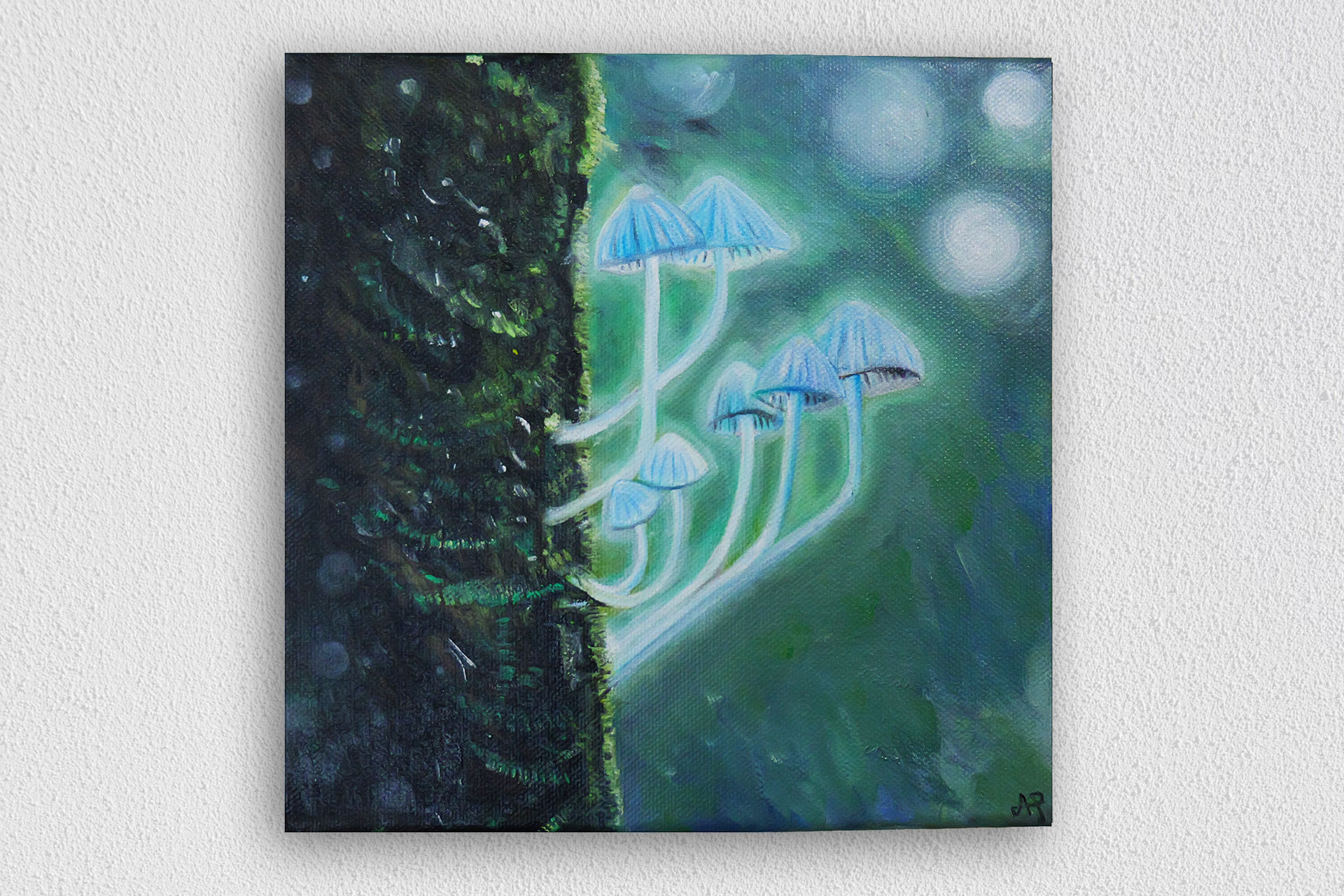 Blue mushrooms oil painting